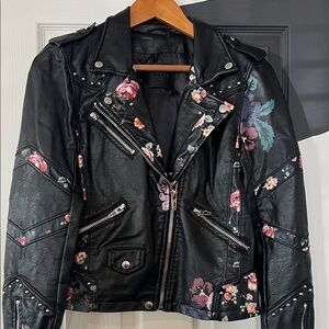 Blank NYC Black Faux Leather Jacket with Floral Design